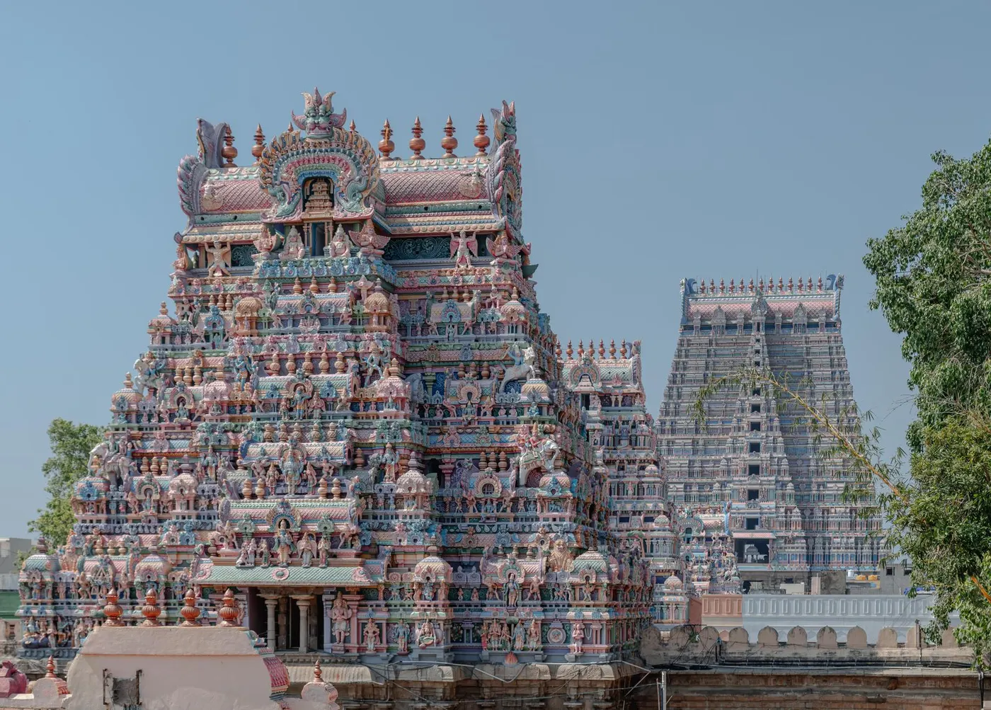 Two temple gopurams at Srirangam in Tamil Nadu